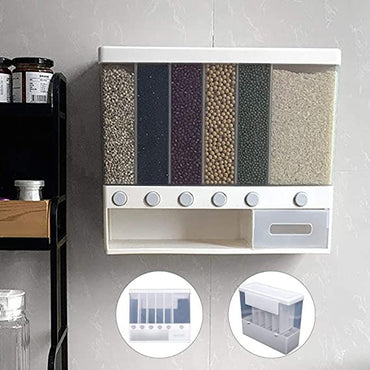 6 in 1 Wall Mounted Food Dispenser | Airtight Cereal & Grain Storage Container for Kitchen Organization