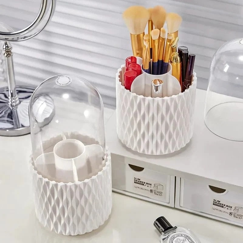 Sleek 360° Spinning Makeup Brush Holder | Dust-Proof Beauty Organizer