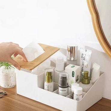 Wood-Top Multi-Sectional Tissue Holder | Desktop Storage Organizer