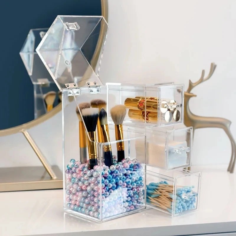 Acrylic Makeup Brush Organizer with Drawer | Transparent Cosmetic Storage