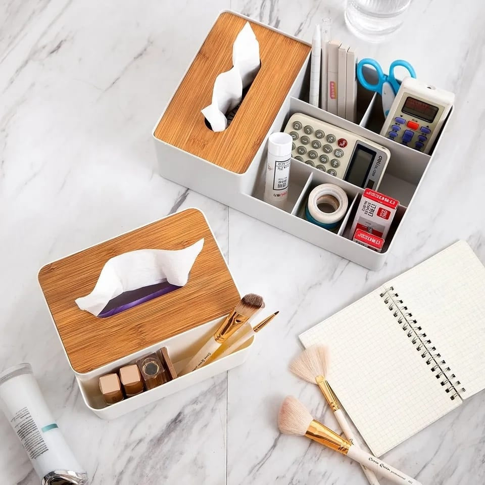 Wood-Top Multi-Sectional Tissue Holder | Desktop Storage Organizer