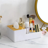 Wood-Top Multi-Sectional Tissue Holder | Desktop Storage Organizer