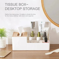 Wood-Top Multi-Sectional Tissue Holder | Desktop Storage Organizer
