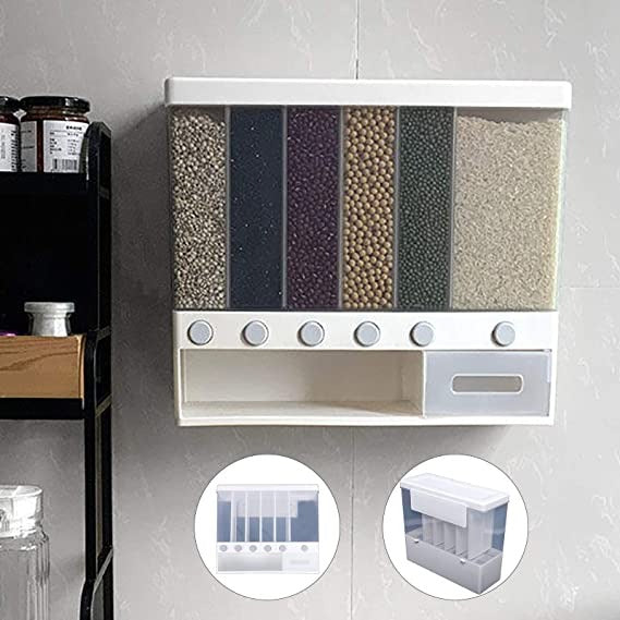 6 in 1 Wall Mounted Food Dispenser | Airtight Cereal & Grain Storage Container for Kitchen Organization
