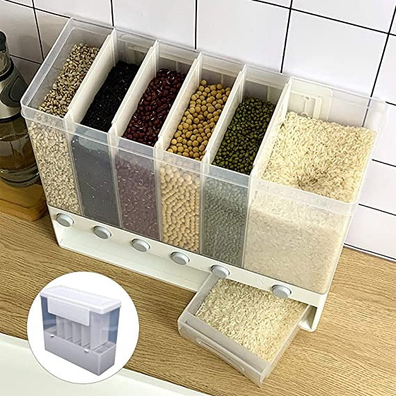 6 in 1 Wall Mounted Food Dispenser | Airtight Cereal & Grain Storage Container for Kitchen Organization