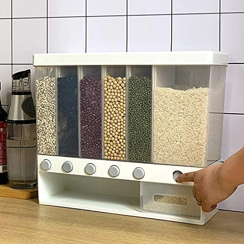 6 in 1 Wall Mounted Food Dispenser | Airtight Cereal & Grain Storage Container for Kitchen Organization